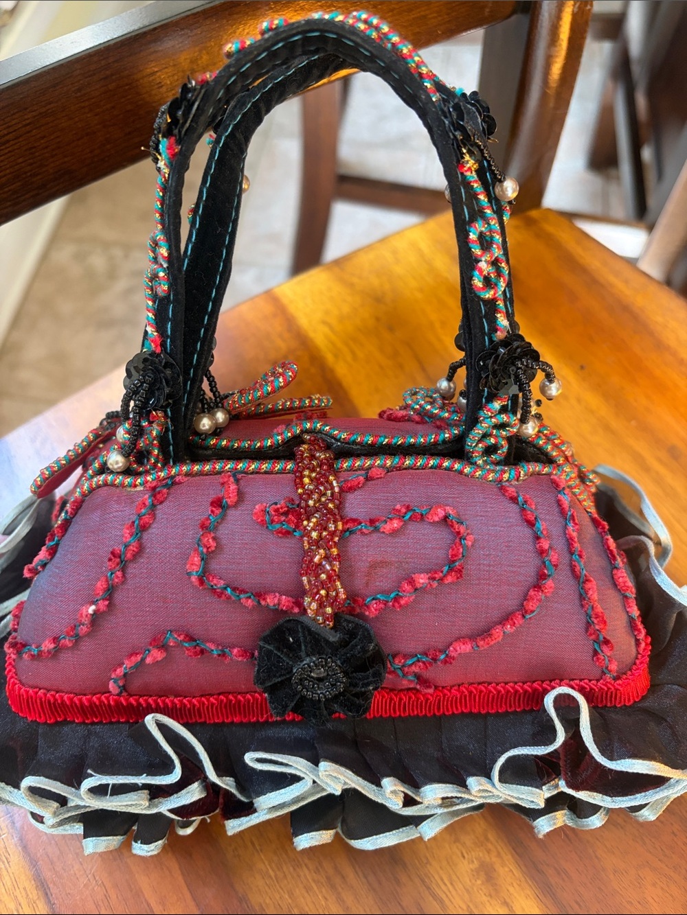 Mary Frances Embellished Red & Black Women's Handbag